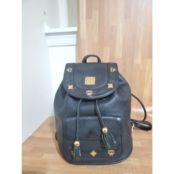 MCM Leather Drawstring Backpack Bag Black - Picture 5 of 10